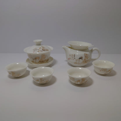 White Traditional Chinese Tea Set With Golden Print (#61, #1020, #1021)