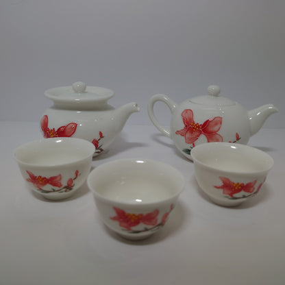 Red Lily/ White Porcelain Chinese Tea Set