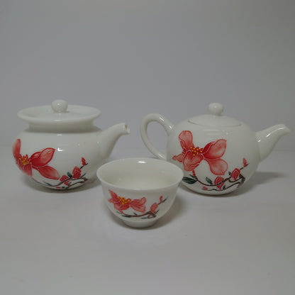 Red Lily/ White Porcelain Chinese Tea Set