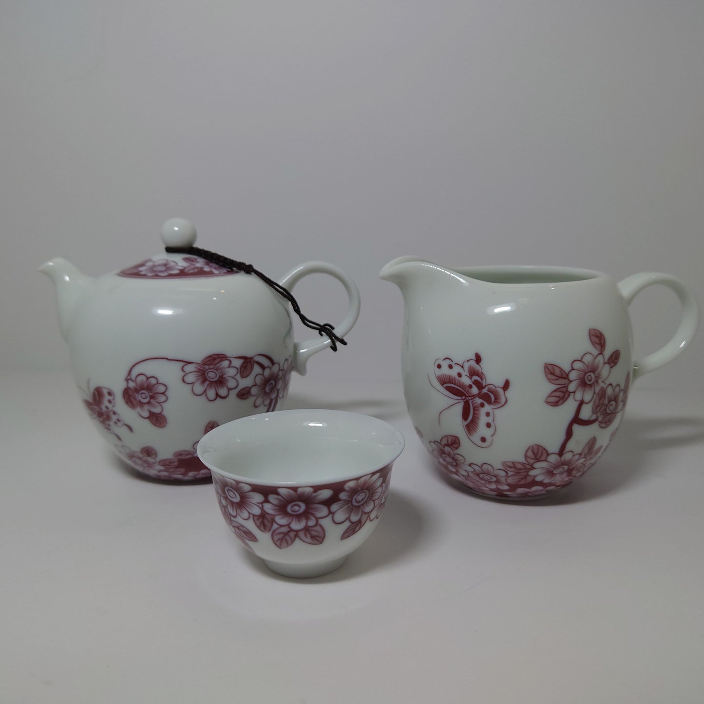 Burgundy/ White Floral Porcelain Tea Set (#1020, #1021)(#142)