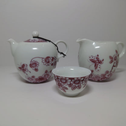 Burgundy/ White Floral Porcelain Tea Set (#1020, #1021)(#142)