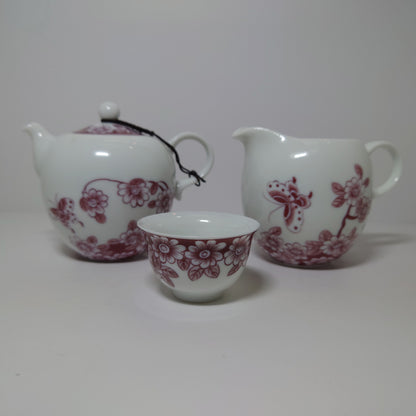 Burgundy/ White Floral Porcelain Tea Set (#1020, #1021)(#142)