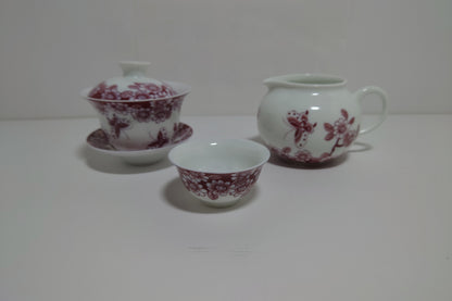 Burgundy/ White Floral Porcelain Tea Cup Set (#1020)(#141)