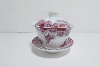 Burgundy/ White Floral Porcelain Tea Cup Set (#1020)(#141)